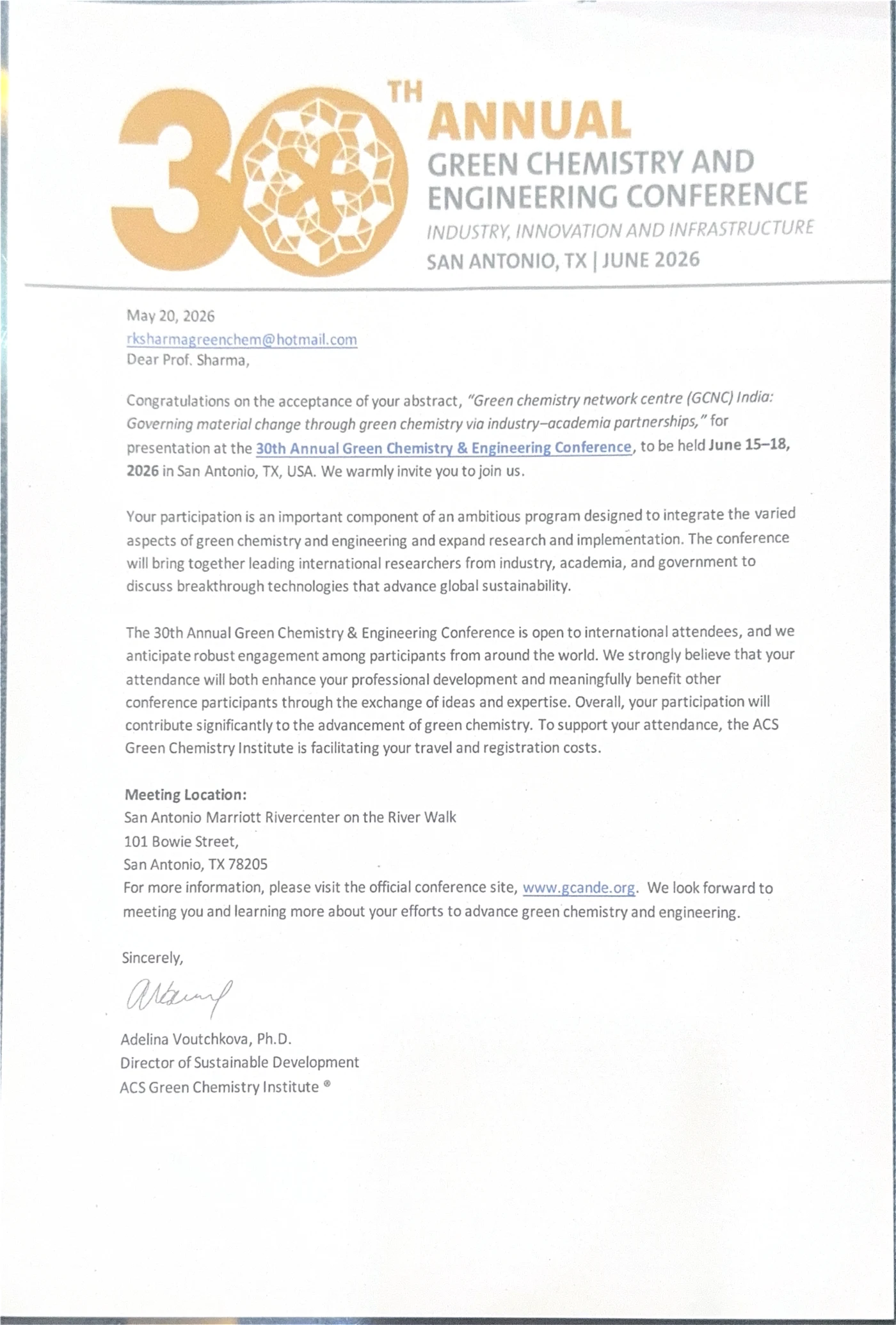 Invitation letter to Prof. R. K. Sharma for the 30th Annual Green Chemistry & Engineering Conference, San Antonio, June 2026