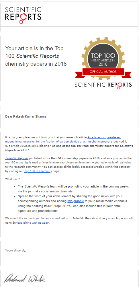 Recognised among Nature Scientific Reports' Top 100 read articles